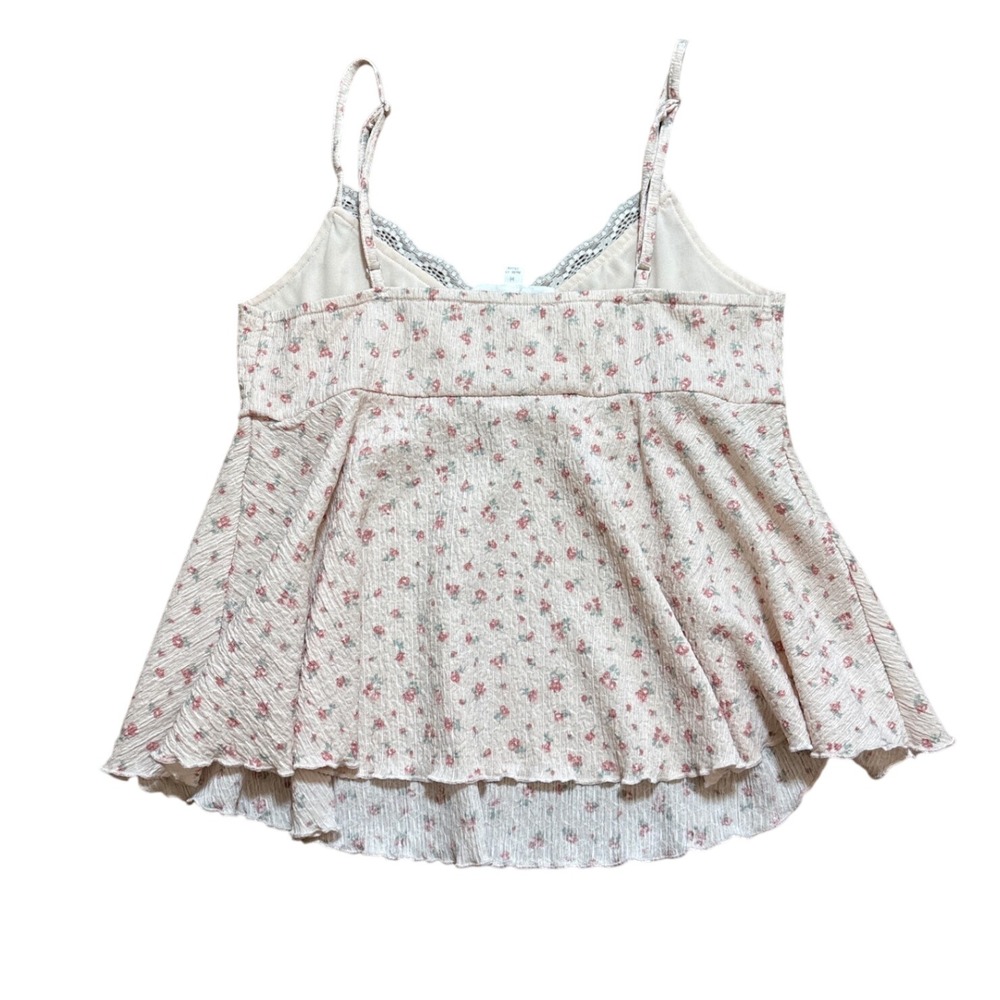 Pink Rose Floral Babydoll Cami Top Pink Cream Lace Trim Lettuce Edge Womens M - Picture 2 of 7